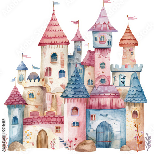 Whimsical Watercolor Castle Illustration with Cute Towers and Flags in Pastel Colors