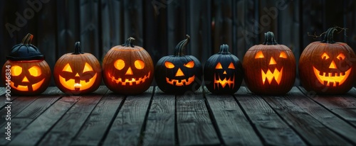 Lit Jack-o'-Lanterns on Wooden Deck