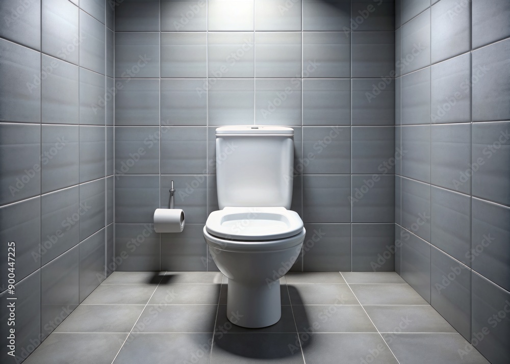 Clean white toilet with closed lid and modern design sits alone in a private bathroom stall with tiled walls and a gray floor. Clean white toilet with closed lid and modern design sits alone in a private bathroom stall with tiled walls and a gray floor.