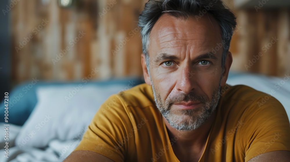 A mature, attractive man sitting on a bed, looking unhappy and contemplative A mature, attractive man sitting on a bed, looking unhappy and contemplative