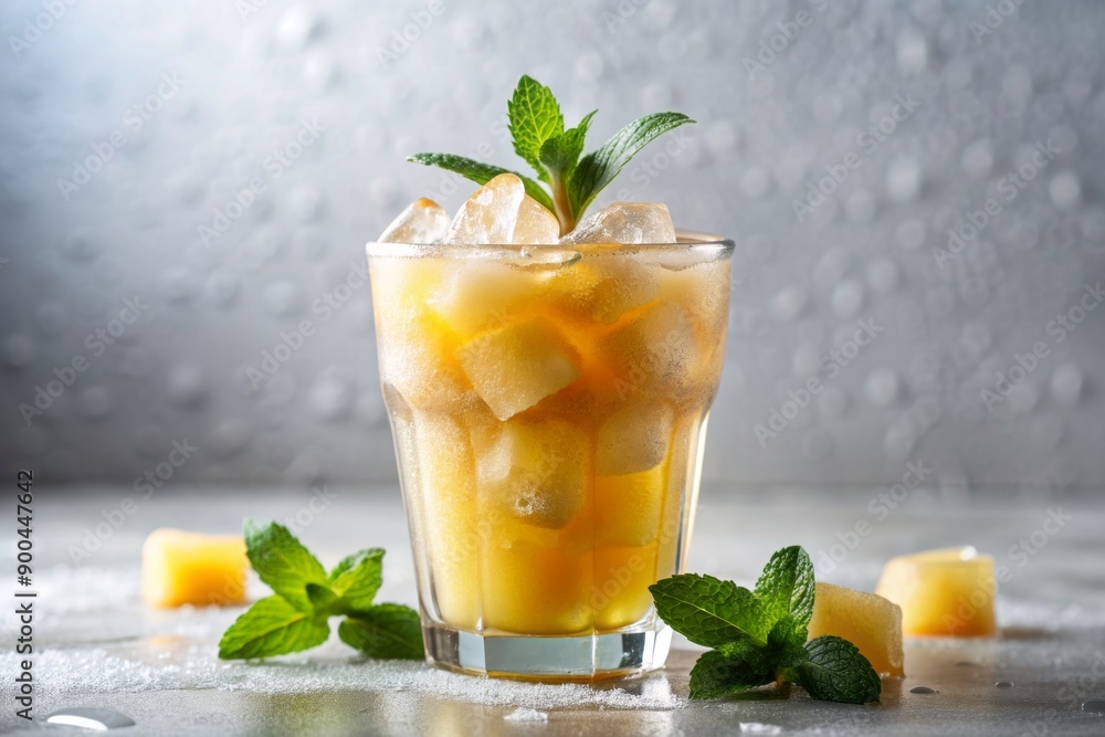 Frozen beverage with ice cubes in a clear glass, condensation dripping, against a crisp white background, refreshing summer treat on a hot day. Frozen beverage with ice cubes in a clear glass, condensation dripping, against a crisp white background, refreshing summer treat on a hot day.