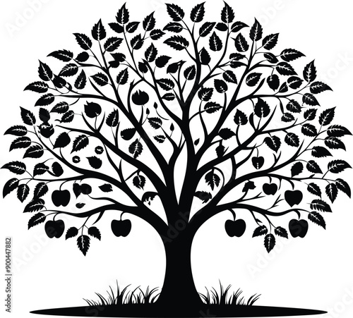 Black and white apple tree silhouette