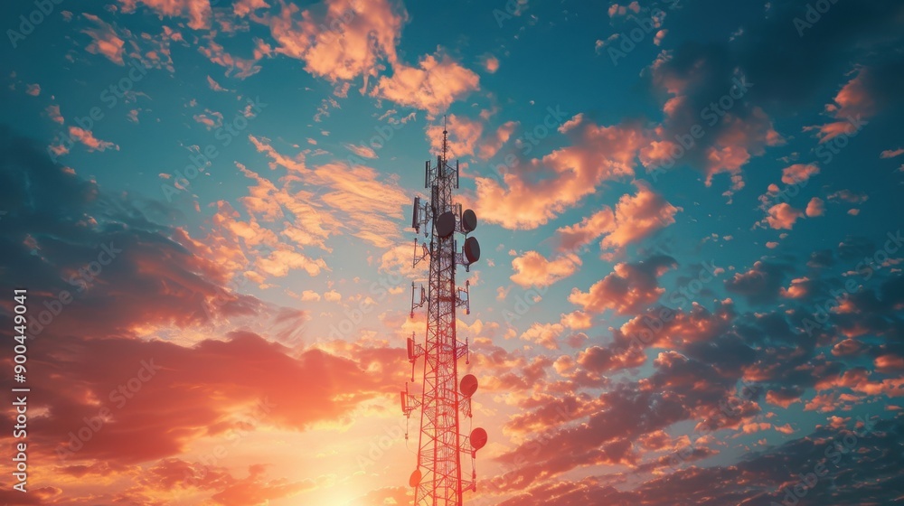 Naklejka premium Sunset Cell Tower: A towering cell tower reaches towards a vibrant sunset sky, capturing the beauty of technology and nature's breathtaking hues. The silhouette of the tower against the clouds evokes 