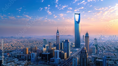 City skyline view at sunset with skyscrapers and urban architecture in New York and Shanghai
