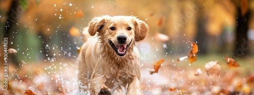 Golden Retriever Running Through Autumn Leaves