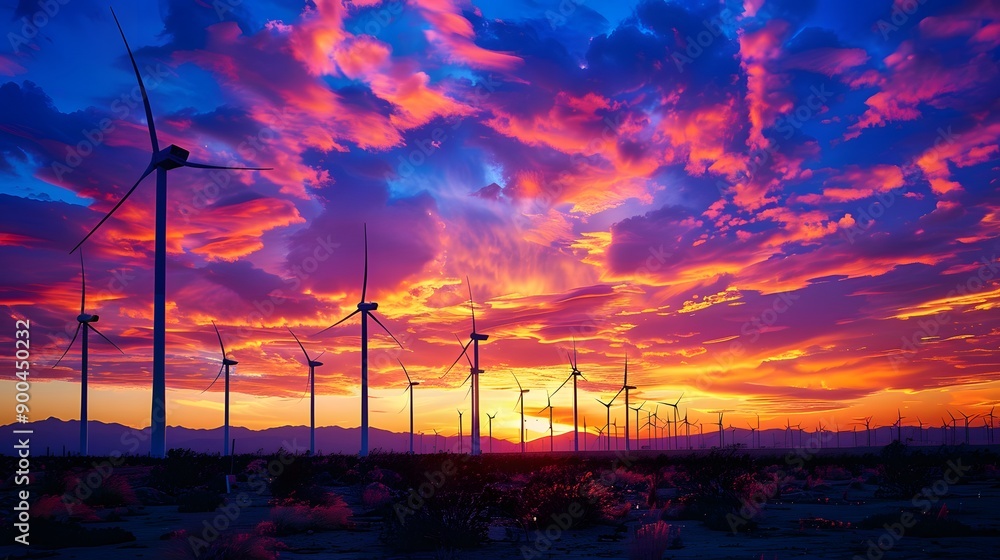 Obraz premium Wind turbine field at sunset, dramatic sky. 