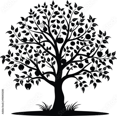 Black and white apple tree silhouette