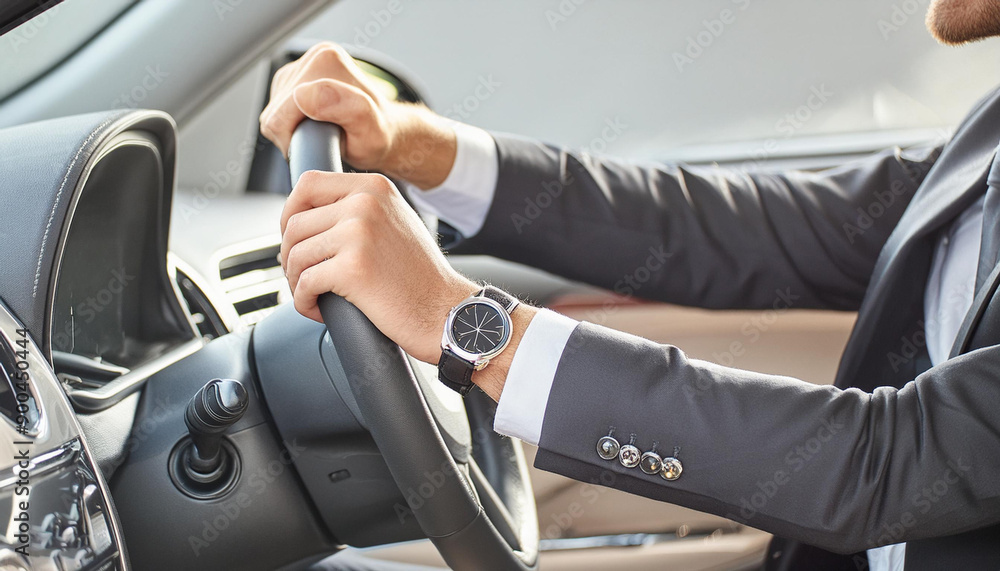 Executive Journey: Man in Suit with Watch at the Wheel Executive Journey: Man in Suit with Watch at the Wheel