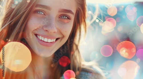 Girl Smiling With Colorful Bokeh