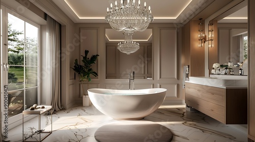 Luxurious washroom with freestanding tub and crystal chandelier  photo