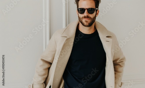 Man Wearing Sunglasses and Brown Coat