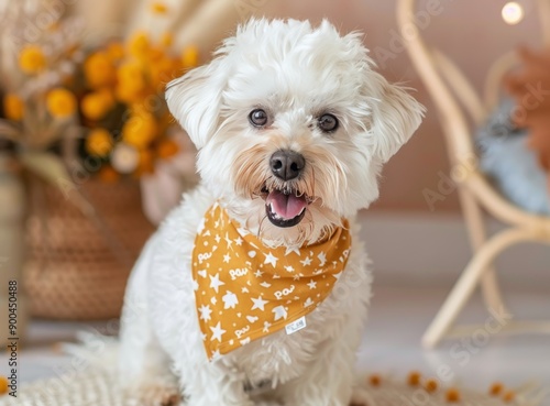 White Dog Wearing Yellow Bandana photo