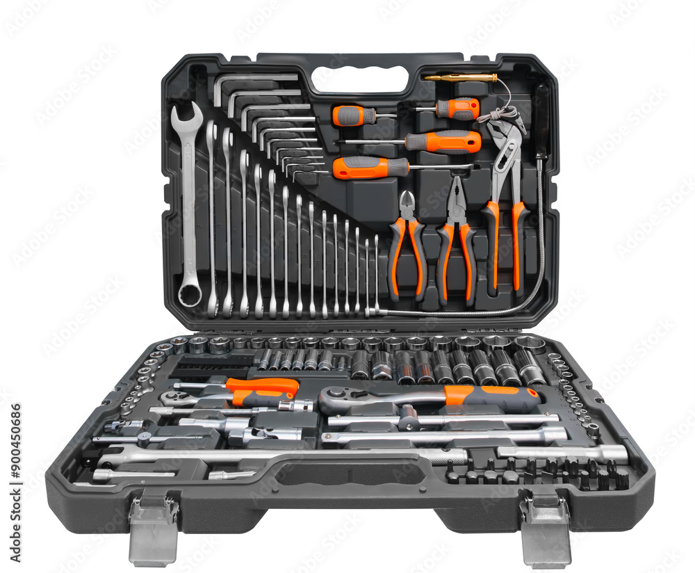 A toolbox with many tools inside. The toolbox is black and silve A toolbox with many tools inside. The toolbox is black and silve