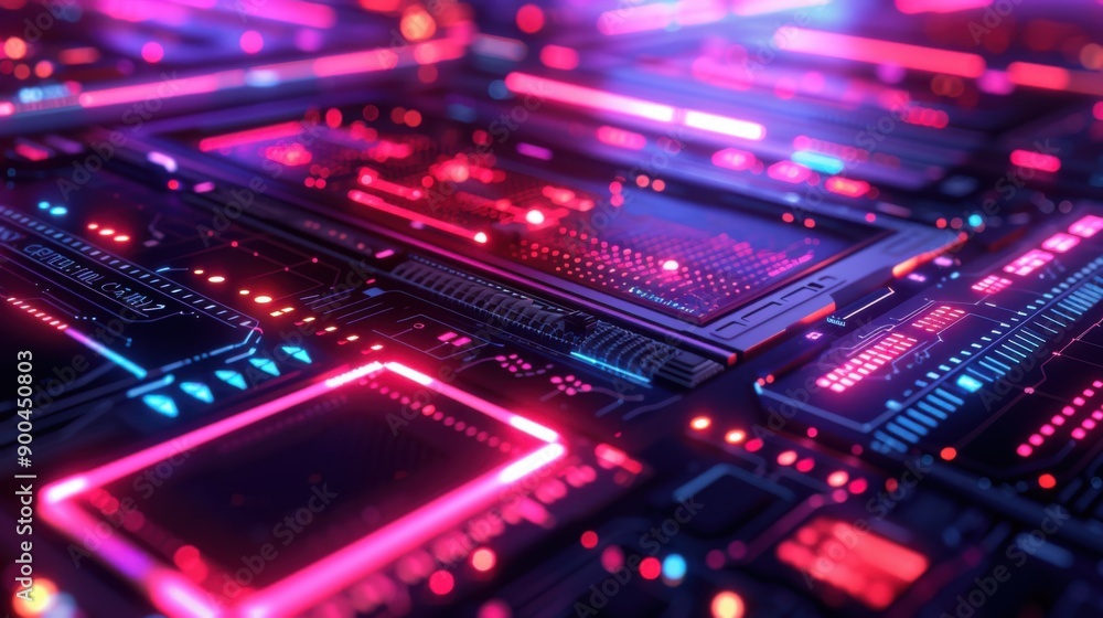 Neon Circuitry: A close-up of a futuristic circuit board bathed in vibrant neon pink and blue light, creating a mesmerizing abstract backdrop. The intricate design and glowing lines evoke Neon Circuitry: A close-up of a futuristic circuit board bathed in vibrant neon pink and blue light, creating a mesmerizing abstract backdrop. The intricate design and glowing lines evoke