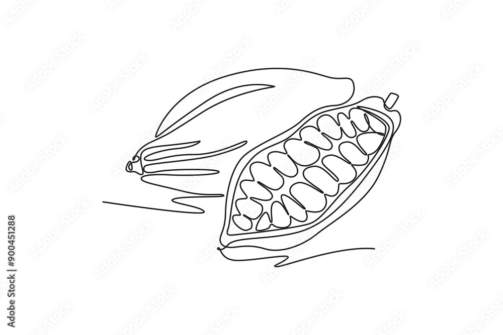 Continuous one line drawing whole healthy organic cocoa beans for plantation logo identity. Fresh cacao bean concept for chocolate drink shop icon. Single line draw design vector graphic illustration Continuous one line drawing whole healthy organic cocoa beans for plantation logo identity. Fresh cacao bean concept for chocolate drink shop icon. Single line draw design vector graphic illustration