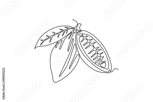 Continuous one line drawing of whole healthy organic cocoa bean for plantation logo identity. Fresh cacao concept for delicious chocolate shop icon. Single line draw design vector graphic illustration