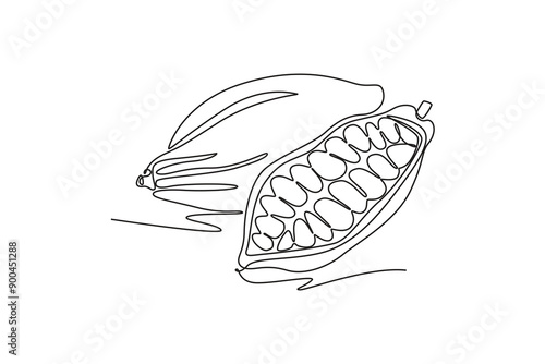 Continuous one line drawing whole healthy organic cocoa beans for plantation logo identity. Fresh cacao bean concept for chocolate drink shop icon. Single line draw design vector graphic illustration