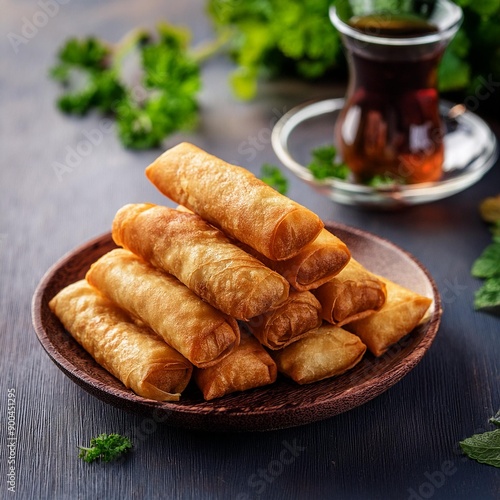 Turkish deep fried cigar shaped spring rolls, sigara borek  photo