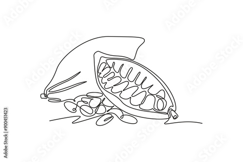Continuous one line drawing of whole healthy organic cocoa bean for plantation logo identity. Fresh cacao concept for delicious chocolate shop icon. Single line draw design vector graphic illustration