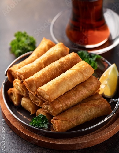 Turkish deep fried cigar shaped spring rolls, sigara borek  photo