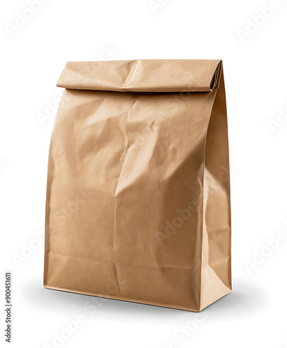 A brown paper bag, folded at the top, isolated on a white background, perfect for showcasing food delivery, grocery shopping, or eco-friendly packaging.