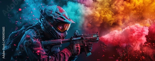Chronographic paintball player with gun and backpack depicted in the style of a colorful powder explosion on a black background, viewed from the side, could serve as a banner design
