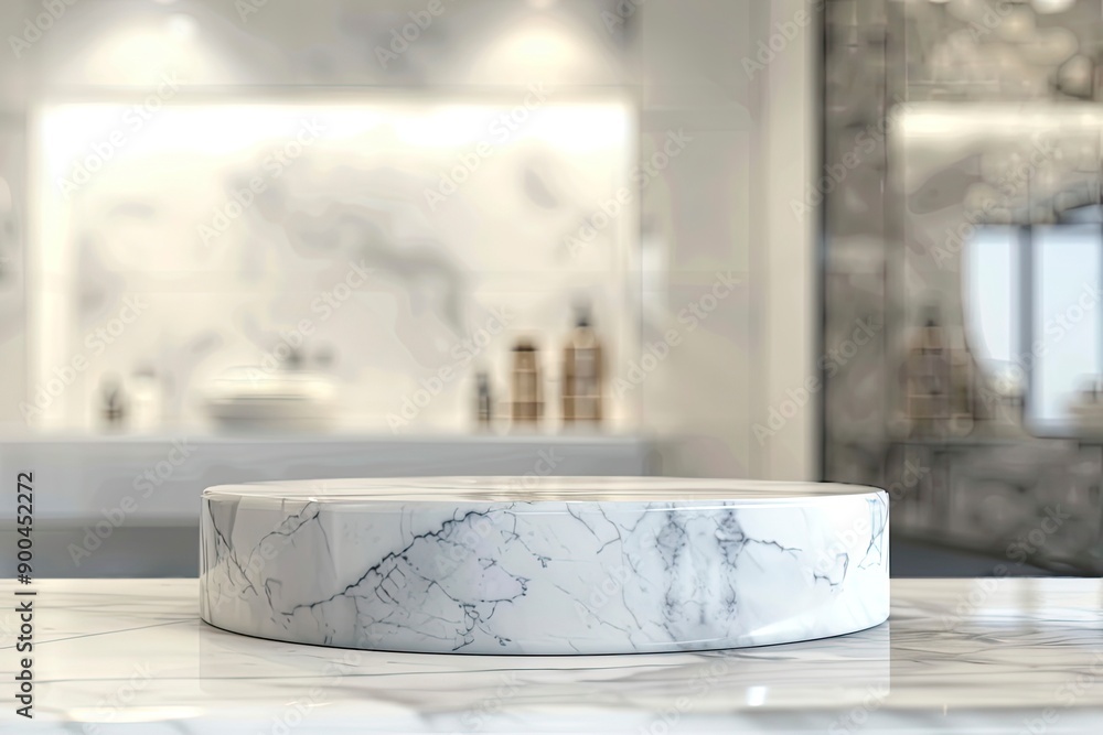 Marble podium for bathing product display on blurred bathroom background with generative ai Marble podium for bathing product display on blurred bathroom background with generative ai