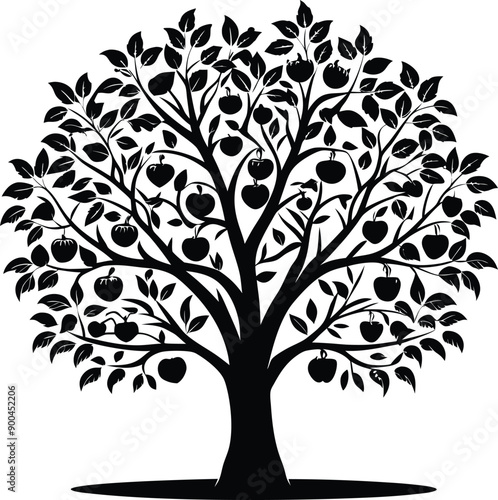 Black and white apple tree silhouette