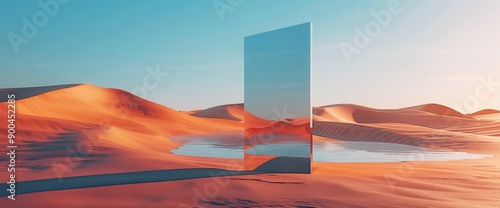 Surreal desert landscape with an abstract mirror and water reflection, creating a dreamy atmosphere