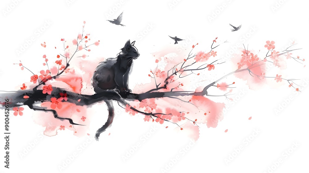 Elegant Feline Amid Cherry Blossoms on Watercolor Branch Elegant Feline Amid Cherry Blossoms on Watercolor Branch
