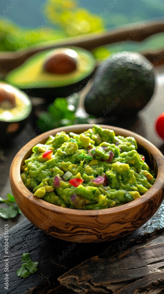 guacamole in a wooden bowl on a rustic table guacamole in a wooden bowl on a rustic table