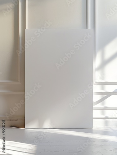 A blank white large canvas is hanged on the wall, soft light shines on the canvas