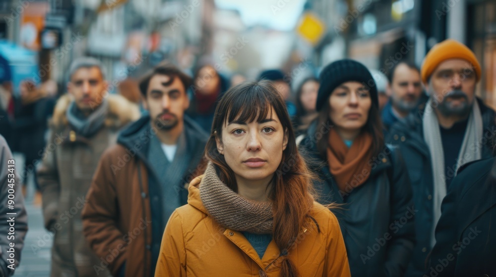 A woman stands in front of a group of people, possibly waiting for something or addressing the crowd A woman stands in front of a group of people, possibly waiting for something or addressing the crowd