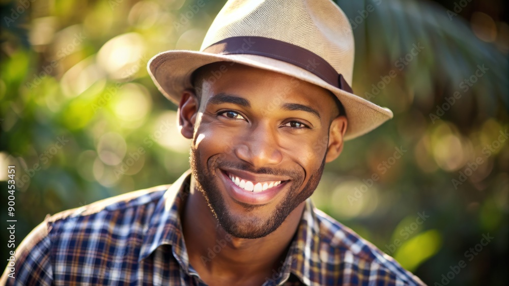 Attractive African American male model with stylish hat and bright smile, exuding confidence and friendliness, against a warm natural outdoor background. Attractive African American male model with stylish hat and bright smile, exuding confidence and friendliness, against a warm natural outdoor background.
