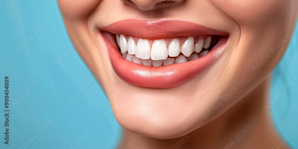 Obraz premium Perfect healthy teeth smile of young woman. Teeth whitening. Dental clinic patient. Image symbolizes oral care dentistry, stomatology 