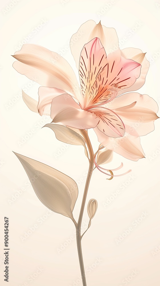 Obraz premium A delicate pink flower with translucent petals stands on its stem against a white background. Generated AI