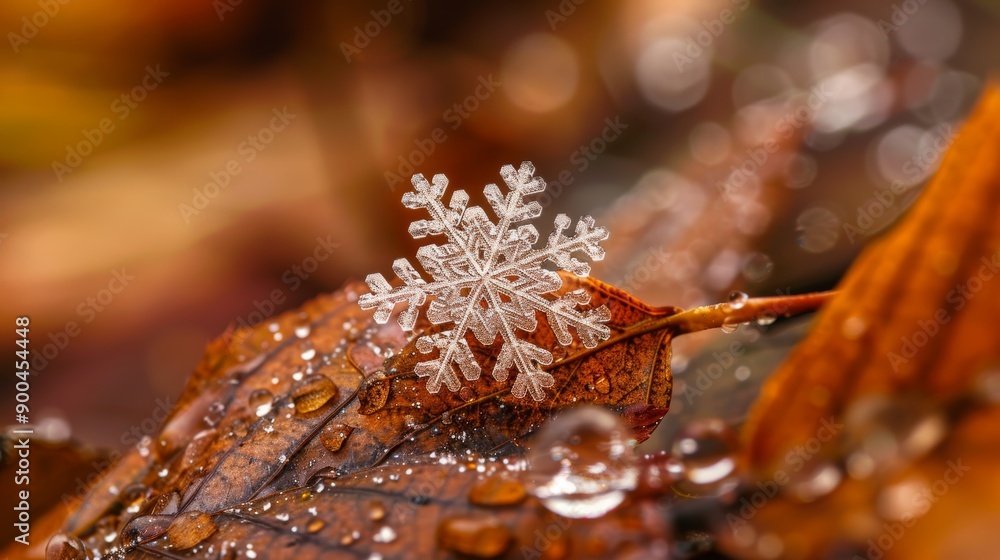 Macro shot of a snowflake on a leaf. Macro shot of a snowflake on a leaf.