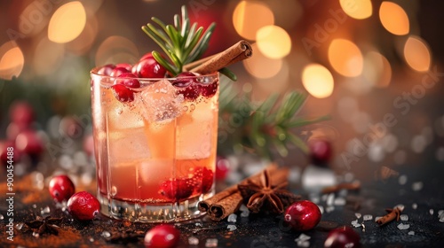 Festive cocktail with cinnamon and cranberries garnished with a sprig of rosemary, seasonal cocktail recipes, holiday-inspired drink concept photo