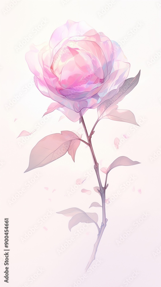 Fototapeta premium A delicate pink flower with translucent petals stands on its stem against a white background. Generated AI