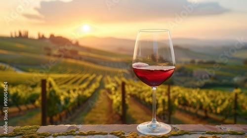 Elegant wine glass with deep red wine, with a picturesque vineyard in the background, capturing the essence of wine regions like Tuscany or Napa Valley