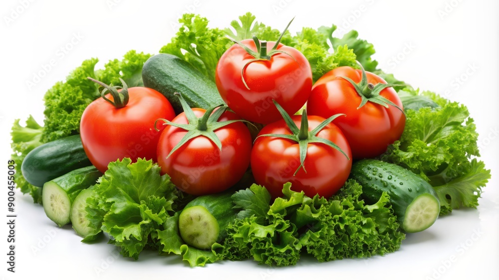 Fresh tomatoes, cucumbers, and crisp lettuce, topped with vibrant green parsley leaves, arranged artfully on a clean white background, showcasing summer's freshness and vitality. Fresh tomatoes, cucumbers, and crisp lettuce, topped with vibrant green parsley leaves, arranged artfully on a clean white background, showcasing summer's freshness and vitality.