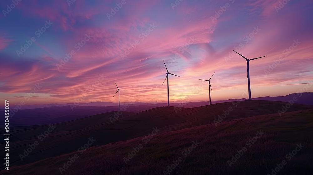 Wind turbine field at sunset, dramatic sky. 