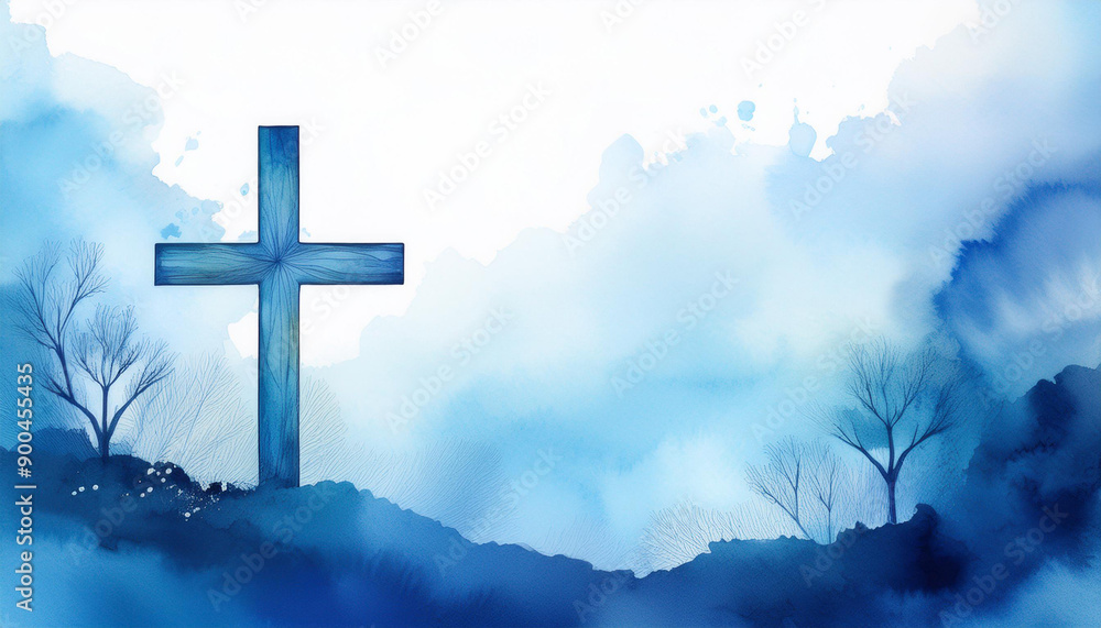 Obraz premium Abstract religion blue watercolor with Christian cross silhouette, faith and spirituality. Religious
