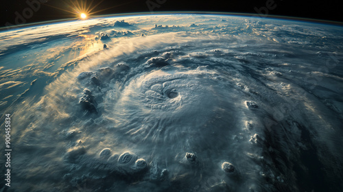 view of Earth from space, capturing a massive cyclonic storm swirling over the ocean. The storm's dense cloud formation is prominently displayed, with its spiral arms extending outwards © @ArtUmbre