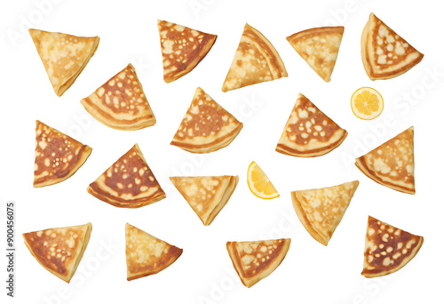 Flat lay of mini pancakes in various shapes (triangles, squares, circles) on a white background. Perfect for breakfast, brunch, or dessert menus.