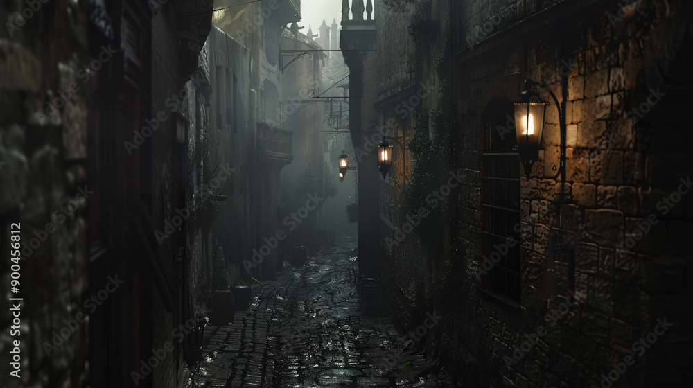 Medieval street shrouded in fog and lit by lanterns Medieval street shrouded in fog and lit by lanterns