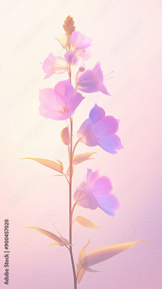 A delicate flower with translucent petals stands on its stem against a white background. Soft pastel colors and minimalism with high detail. generated AI A delicate flower with translucent petals stands on its stem against a white background. Soft pastel colors and minimalism with high detail. generated AI