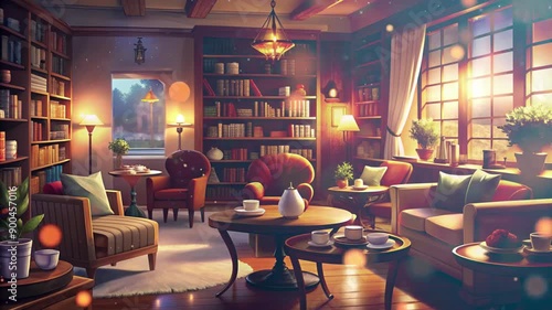 Watercolor Animated Video for Lo-Fi Exuding Warmth and Coziness with Soft Light in a Living Room with Armchairs and Cups of Tea, Slow Moving Bokeh and Dust, Beautiful Evening