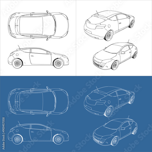 vector coupe hatchback car line art draw blueprint wireframe from all view top corner side back  isolated in transparent background