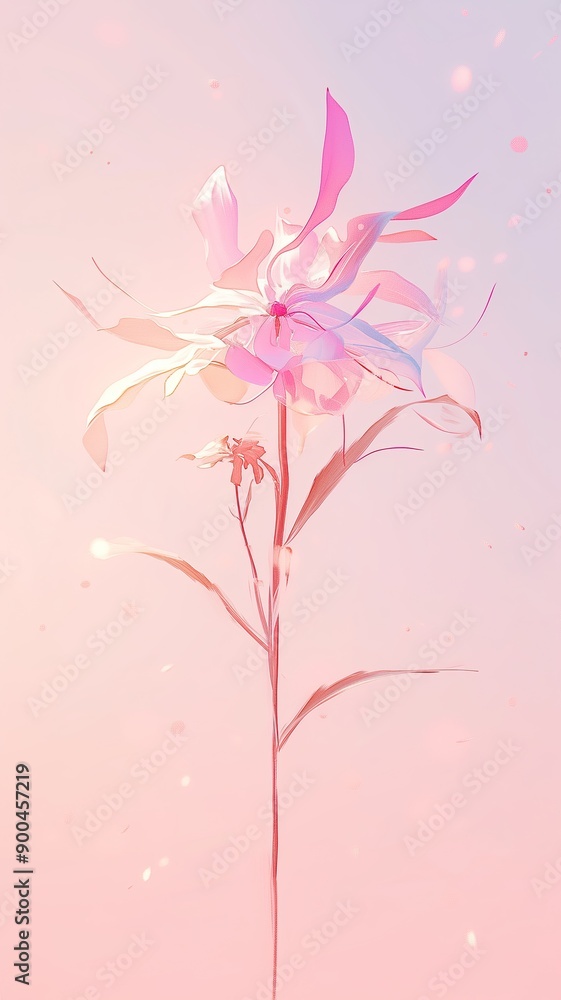 A delicate flower with translucent petals stands on its stem against a white background. Soft pastel colors and minimalism with high detail. generated AI A delicate flower with translucent petals stands on its stem against a white background. Soft pastel colors and minimalism with high detail. generated AI